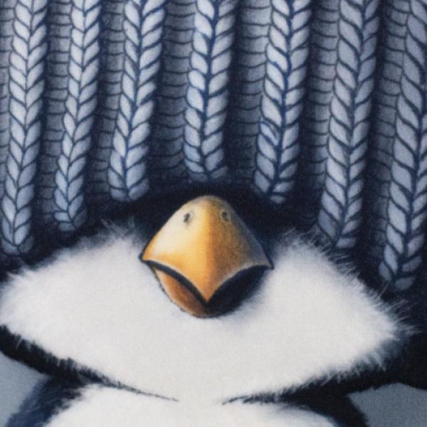 Samt Chenille Kissenpanel mit Pinguinen mit Bommelmütze in Nachtblau